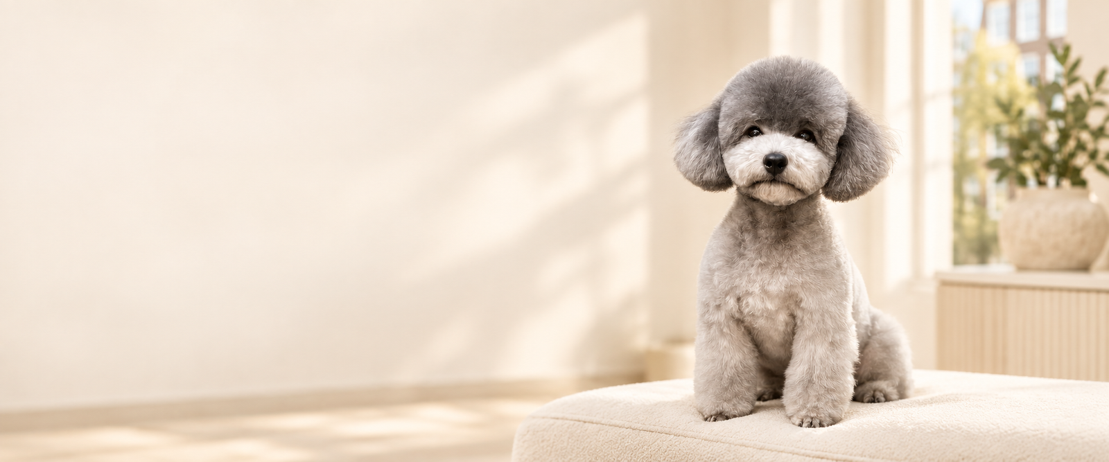 The grey GlamourPets poodle sitting in a sunlit salon